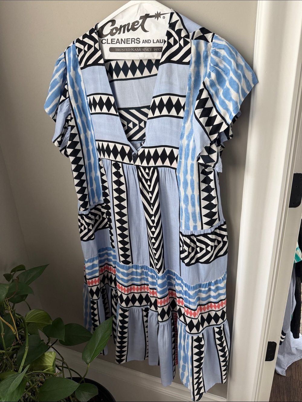 THML Light Blue, Black, and White Geometric Mini Dress with Coral Accents